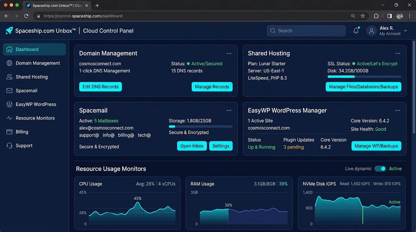 Spaceship Unbox Cloud Control Panel and Shared Hosting Management Console