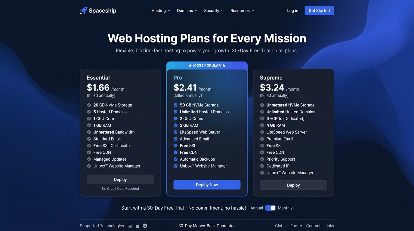 Spaceship Web Hosting Plans and Pricing Interface - Essential, Pro and Supreme Tiers