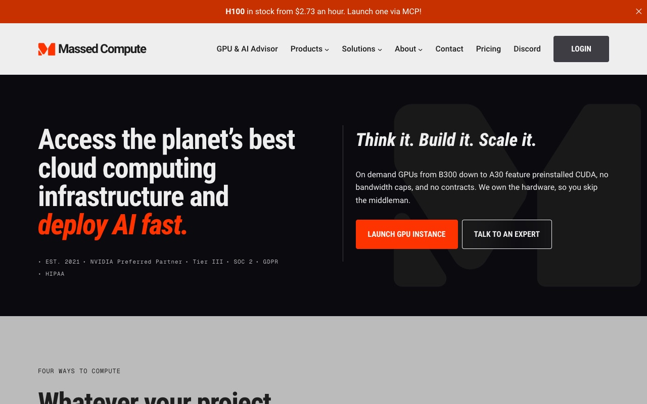 Massed Compute GPU Rental Website Screenshot